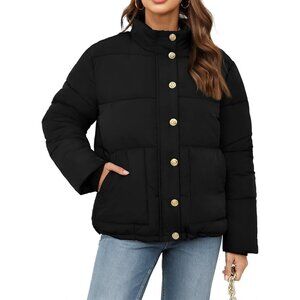 Women's Short Puffer Quilted Jacket Coat Black Winter Zip Up Snap Button
